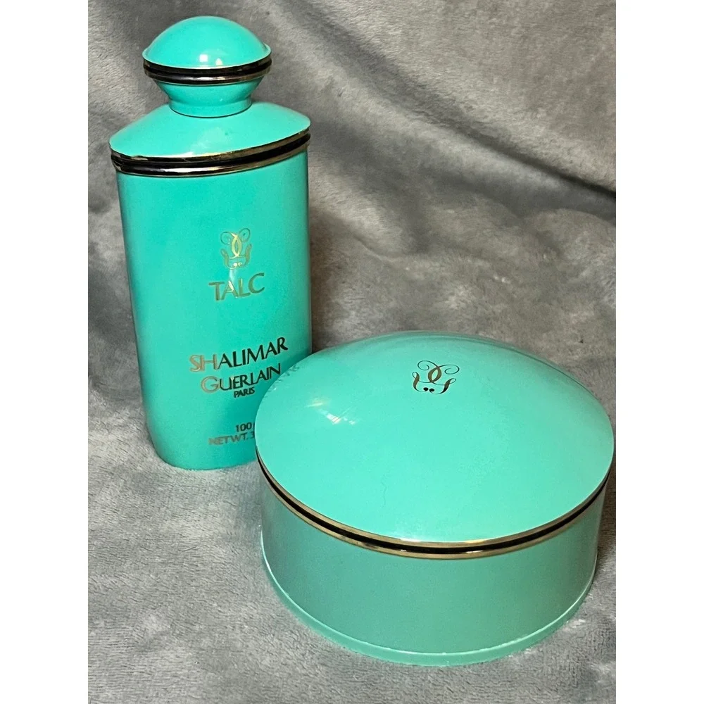 Vintage Guerlain Shalimar Talc Powder 2 Piece Vanity Set Teal 100g & 4oz Paris